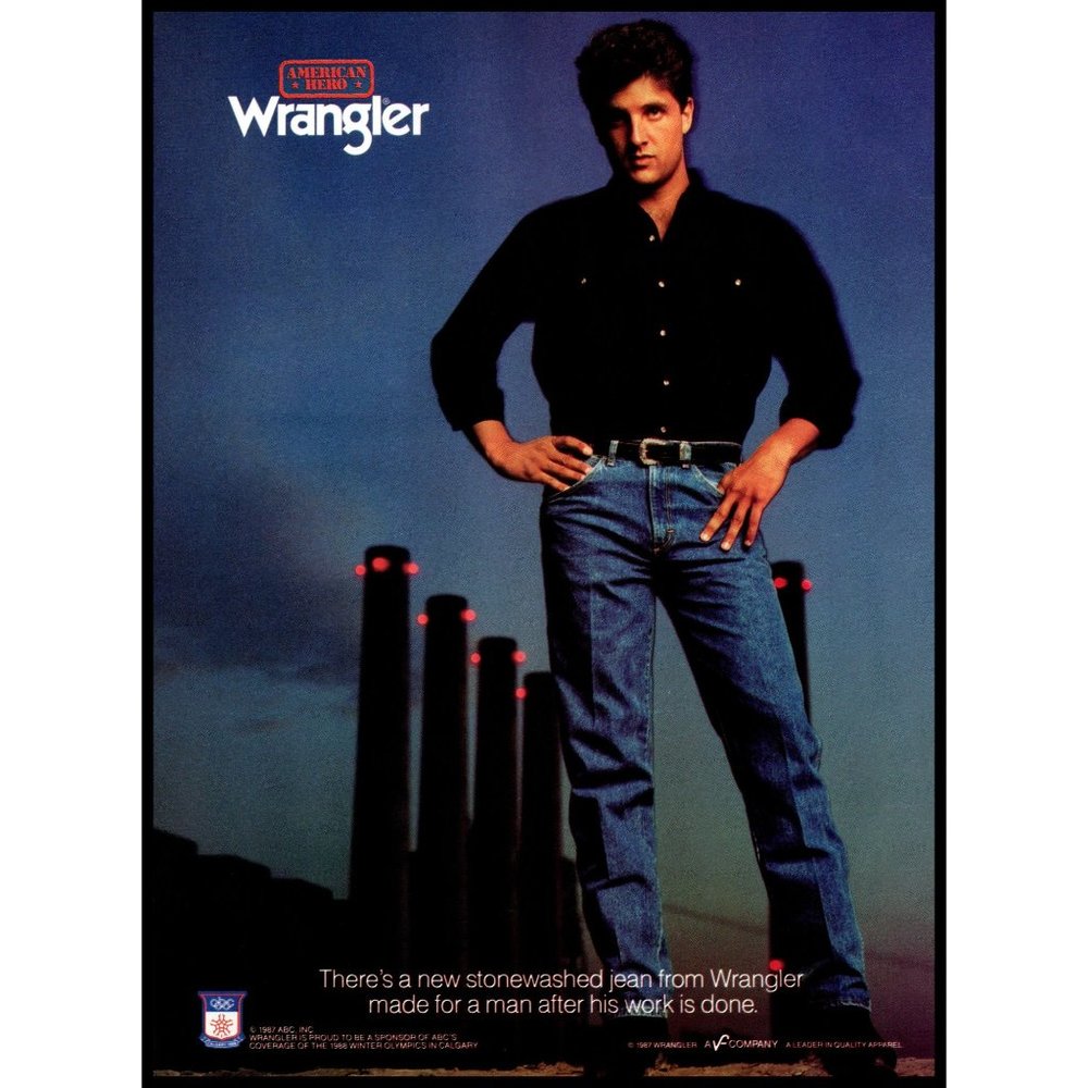 1987 Wrangler Jeans Vintage Print Ad 80s Fashion Clothing Denim Olympics Art